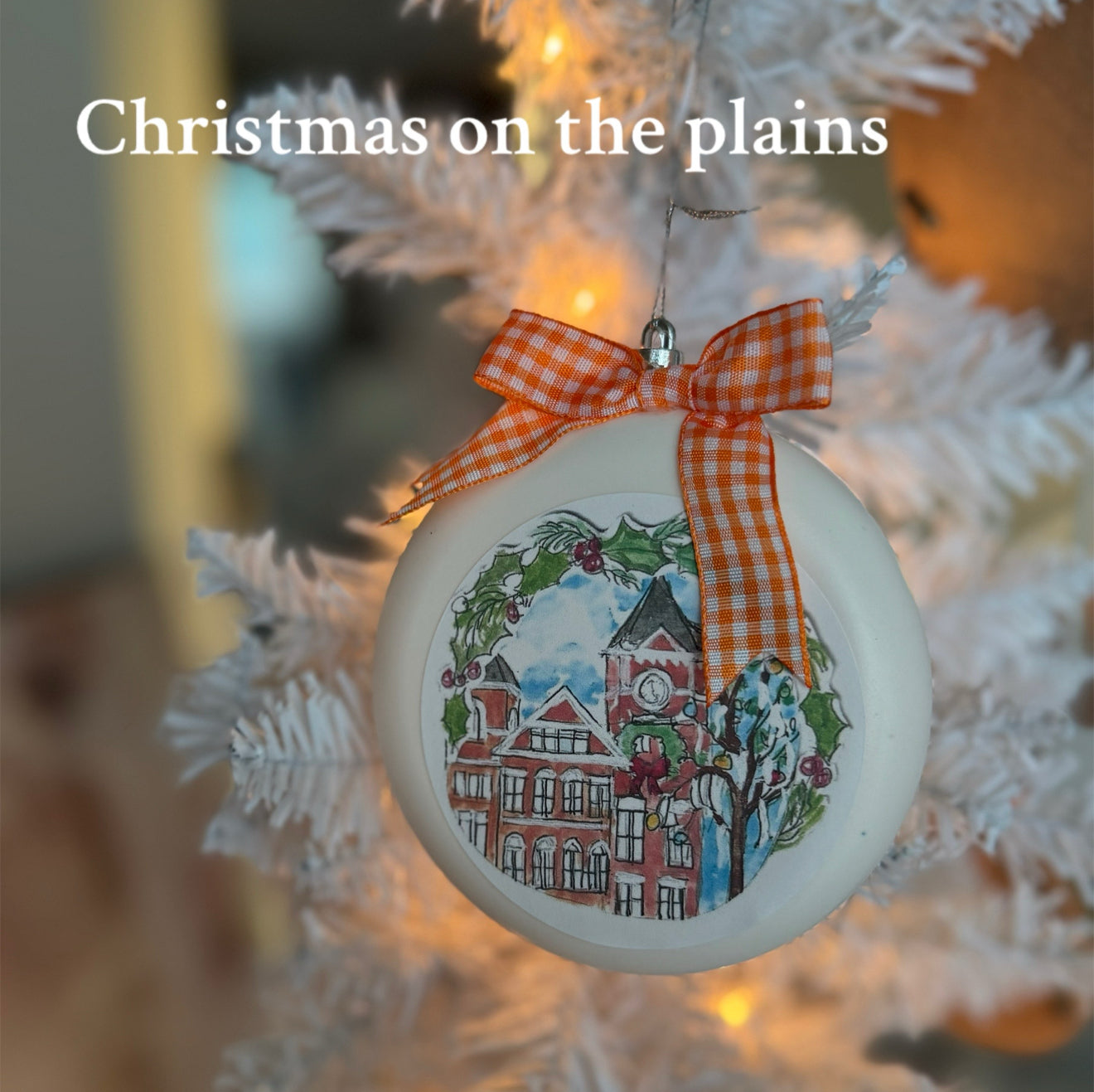 Watercolor Christmas on the Plains ornament featuring Samford Hall with wreath