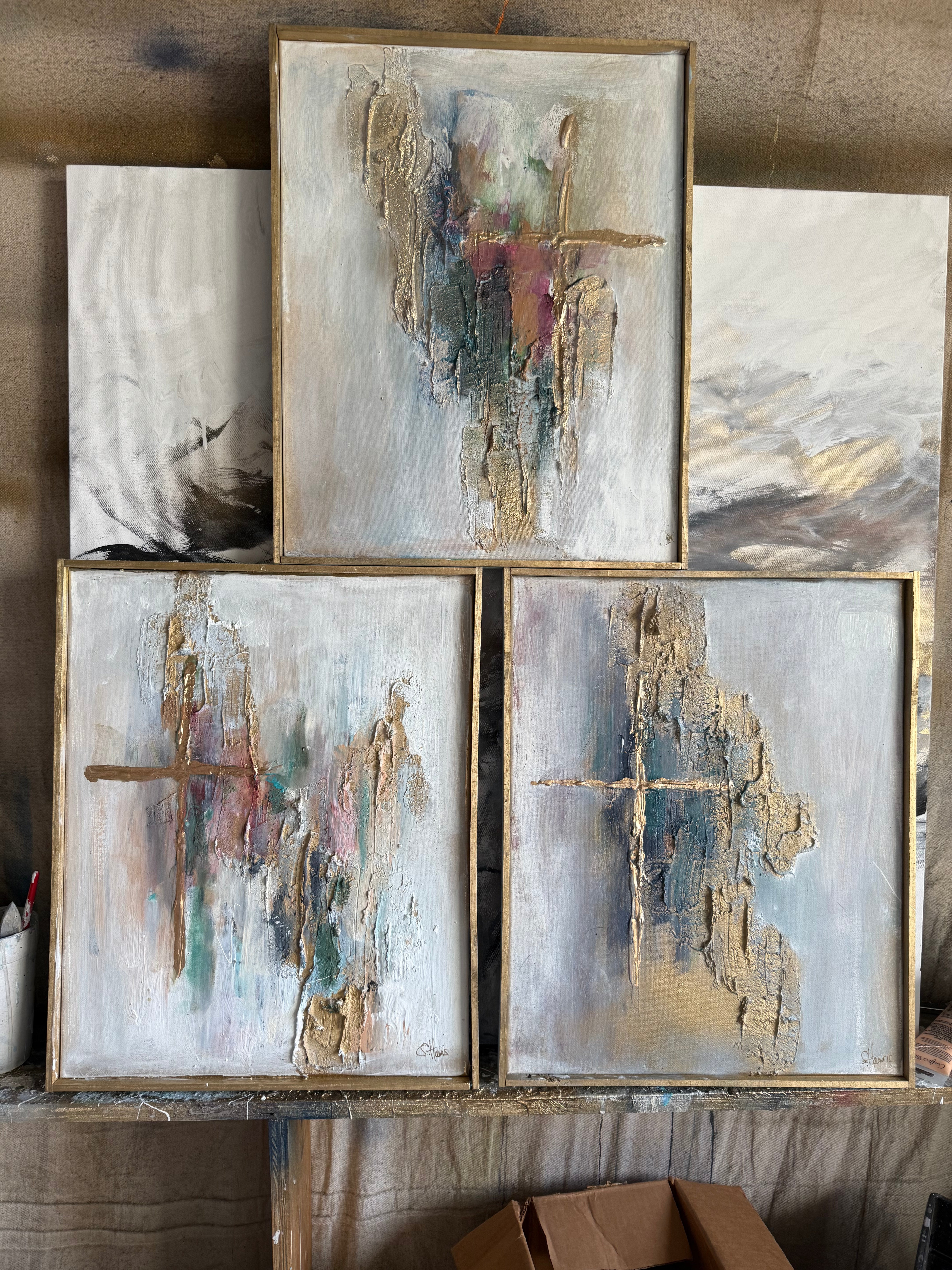 16x20 textured gold cross artwork with custom color palette options and gold frame